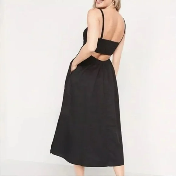 Old Navy Open Back Smocked-Bodice Black Cotton-Poplin Midi Fit&Flare Dress XL - Picture 3 of 12